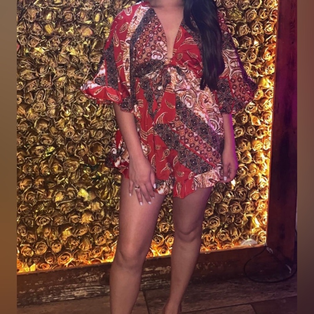 Red Mixed Print Front Tied Romper